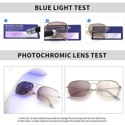 JM Aviator Mens Gold Square Photochronic Color Darkening Blue Light Glasses