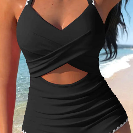 Rose Red Ric Rac Trim Colorblock Cutout One Piece Swimsuit