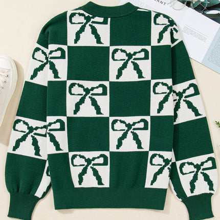 Blackish Green Bow Print Checkered Knit Sweater