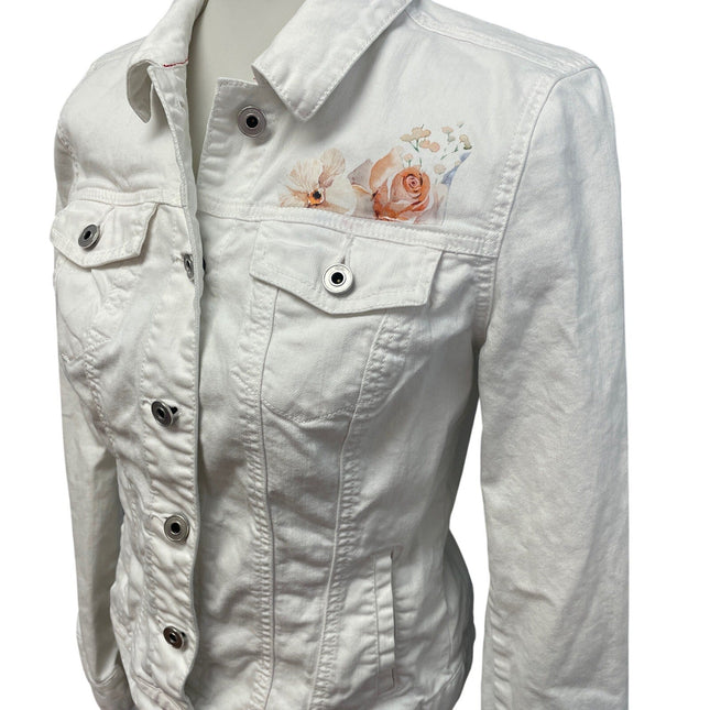 Hand Printed Upcycled Tommy Hilfiger Womens Medium Floral White Jean Jacket