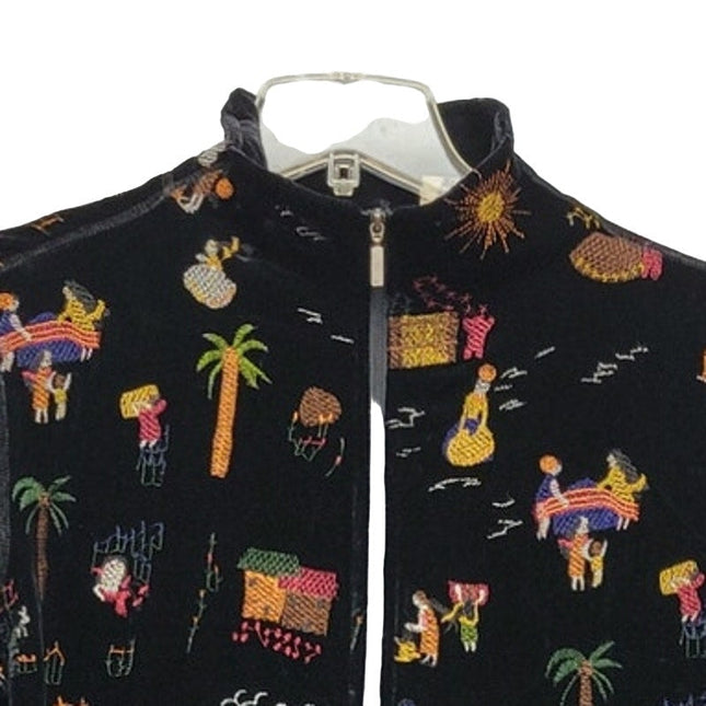 Chicos Design Womens Medium Rayon Silk Embroidered Villager People Zip Jacket
