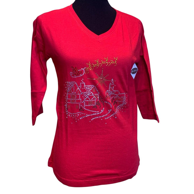 New Small Hand Printed Merry Christmas Rhinestone 3/4 Sleeve Cotton V-Neck Tee