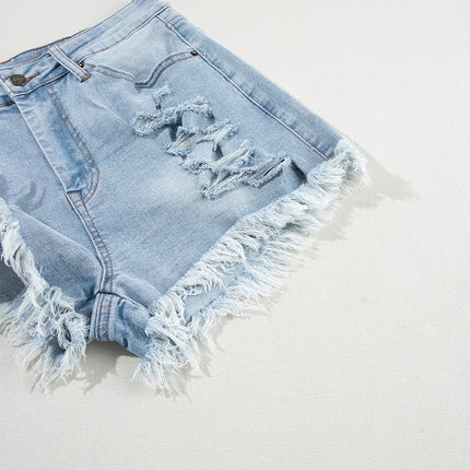 Light Blue Distressed Ripped Raw Hem High Waist Denim Shorts