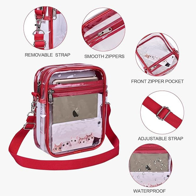 Uspeclare Red Trim Crossbody Zip Closure Clear Stadium Approved Purse Handbag