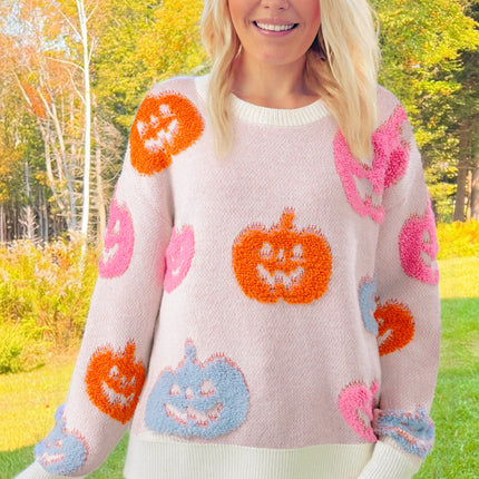 Beige Halloween Cute Pumpkin Pattern Sweater
