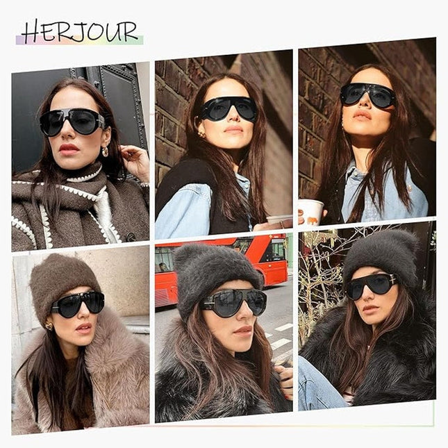 2-Pack Herjour Black Gray Oversized Retro Aviator Sunglasses Womens Sunglasses