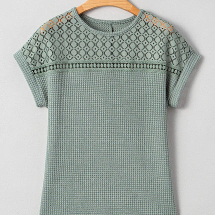 Mist Green Hollow Patchwork Waffle Knit Top