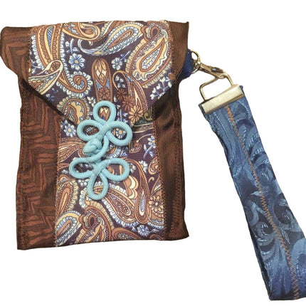 Handmade Upcycled Vintage Brown Blue Neck Tie Cell Phone Wristlet Purse Bag