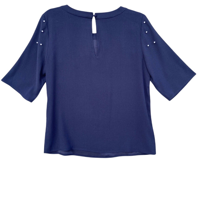 NWT New Ann Taylor Womens Small Navy Blue Faux Pearl Accent Short Sleeve Blouse