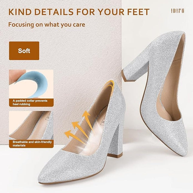 IDIFU Womens Size 6.5 Silver Glitter 4" Chunky Heel Pointed Closed Toe Shoes