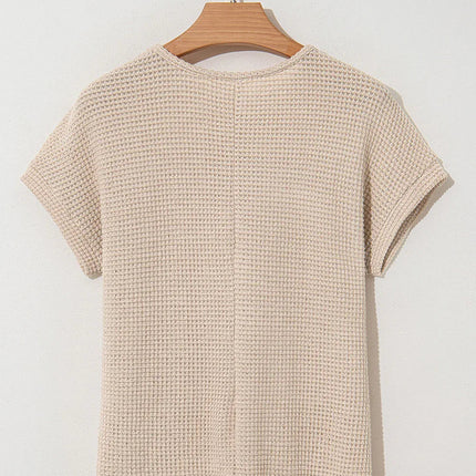 Mist Green Hollow Patchwork Waffle Knit Top
