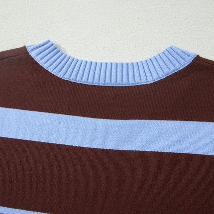Sky Blue Stripe Striped Short Sleeve Round Neck Casual Knit Top