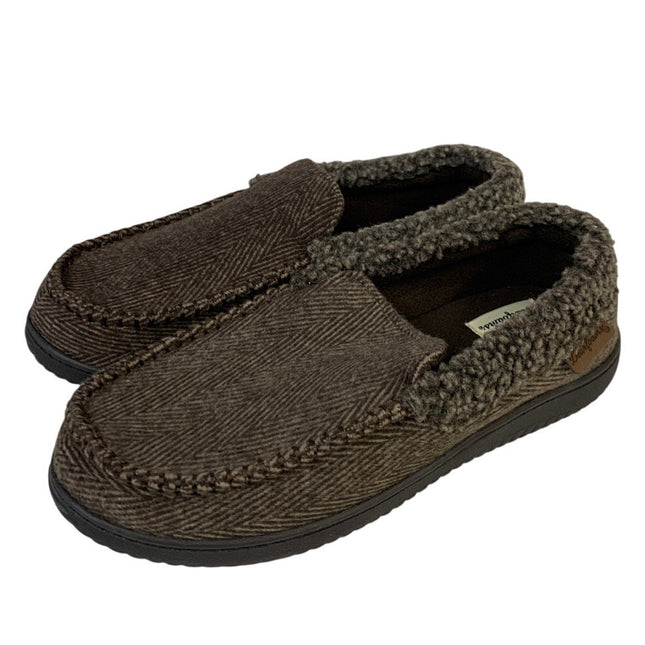 Dearfoams Mens Medium 9/10 Brown Tweed Memory Foam Washable Moccasin Slippers