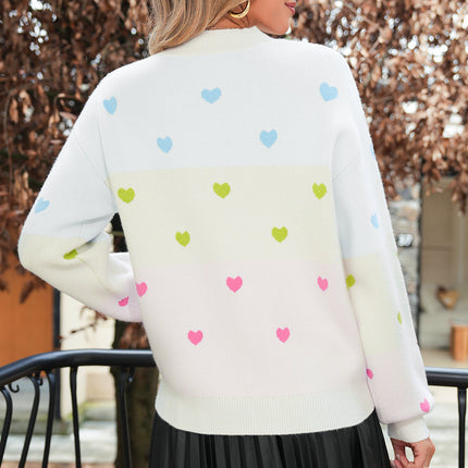 Multicolor Heart Pattern Colorblock High Neck Sweater
