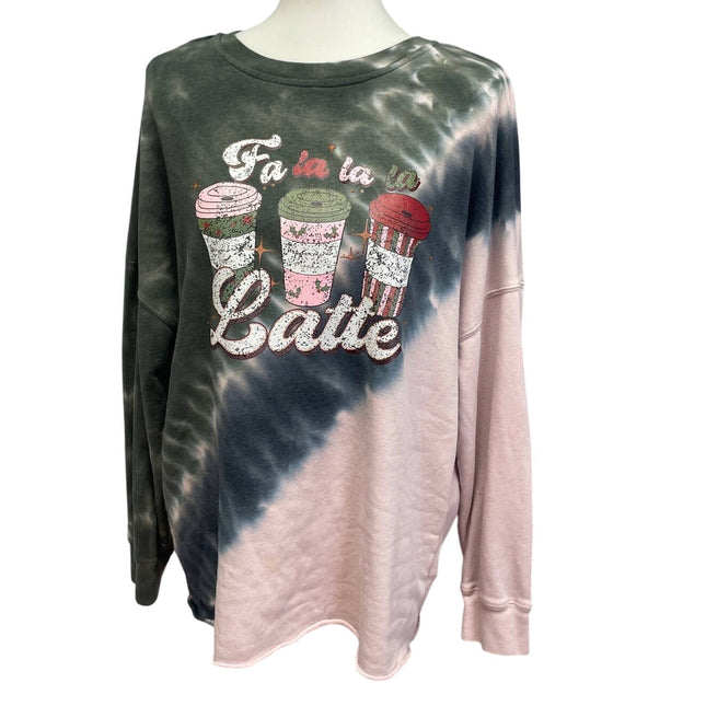 Upcycled Hand Printed XL Christmas Fa La La La Latte Long Slv Tie Dye Sweatshirt