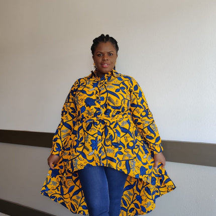 Kente African Print High Low Button up Shirt (Blue Yellow )