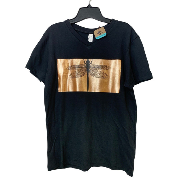 New Upcycled Womens Small Black Copper Dragonfly Insect Bug V-Neck Tee Shirt