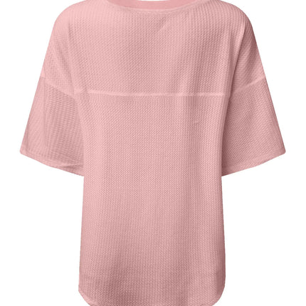 White Waffle Texture V Neck Drop Shoulder Loose Tee