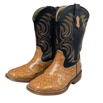 Rollda Boy Size 2 Black Tan Faux Leather Ostrich Square Toe Pull On Cowboy Boots