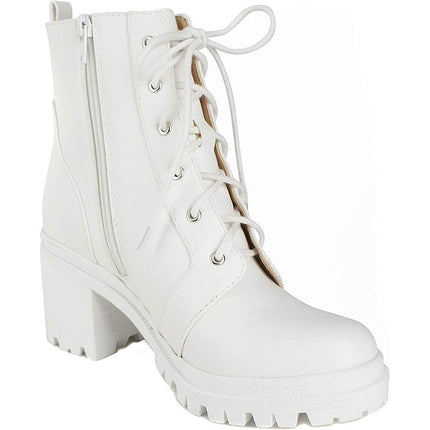 SODA Indiana Women Size 8 White Faux Leather Lace Up 3" Chunky Heel Combat Boots