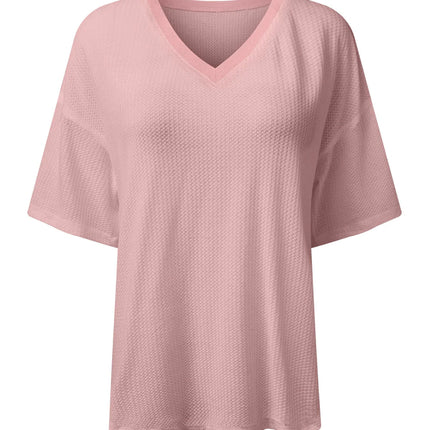 White Waffle Texture V Neck Drop Shoulder Loose Tee