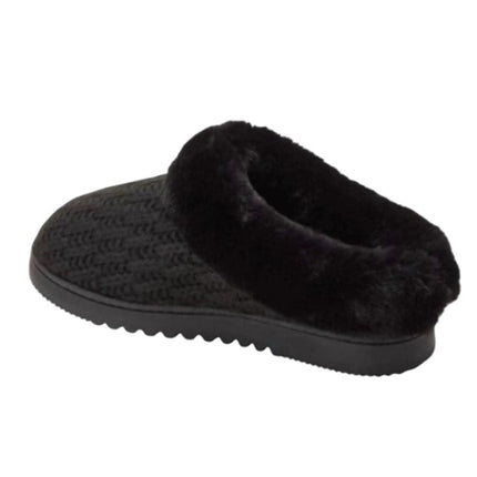 New In Box Dearfoams Women Small 5/6 Black Faux Fur Lined Knit Slide On Slippers