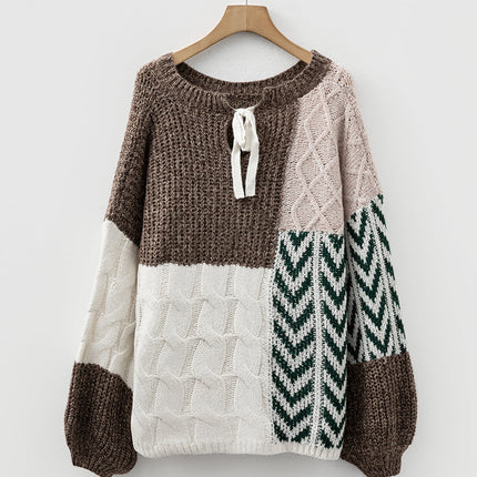 Brown Colorblock Patchwork Knotted Back Loose Fit Sweater