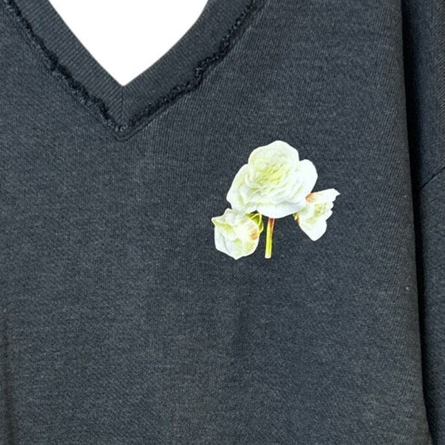 New Upcycled Hand Printed Womens Small Cottage Core Rose Deep V Sweatshirt