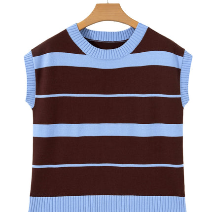 Sky Blue Stripe Striped Short Sleeve Round Neck Casual Knit Top