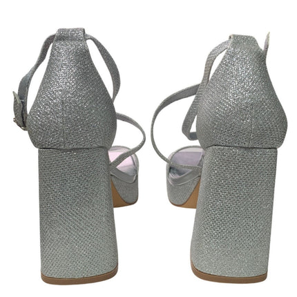 Idifu Womens 7.5 Silver Gillter Open Toe 4" Block Heel Ankle Strap Sandal Shoes