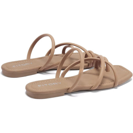 Fitory Womens Size 9 Tan Faux Leather Toe Ring Slide On Cross Strap Sandal Shoes