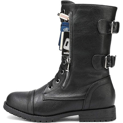 Dream Pairs Womens Size 7 Black Faux Leather Lace Up Mid Calf Combat Boots
