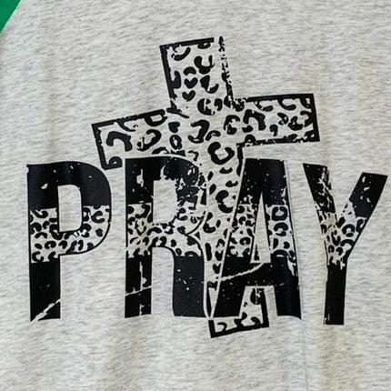 New Hand Printed Womens Medium Cheetah Cross Pray Long Sleeve Raglan Tee Shirt