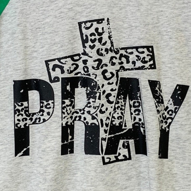 New Hand Printed Womens Medium Cheetah Cross Pray Long Sleeve Raglan Tee Shirt