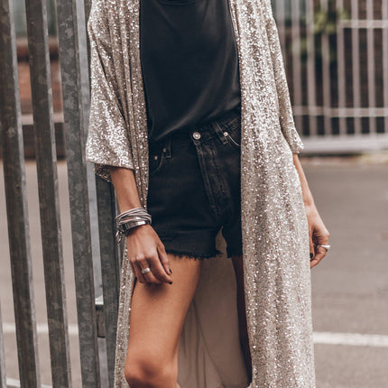 Apricot Sequin 3/4 Sleeve Open Front Duster Cardigan - Femstylo