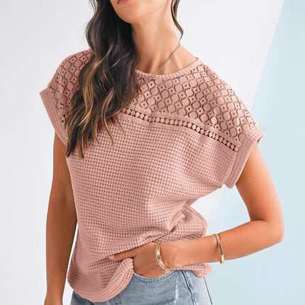 Mist Green Hollow Patchwork Waffle Knit Top