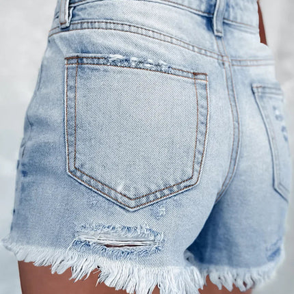 Light Blue Distressed Ripped Raw Hem High Waist Denim Shorts