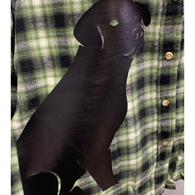 New Hand Printed Womens Medium Black Lab Dog Long Sleeve Plaid Flannel Hoodie