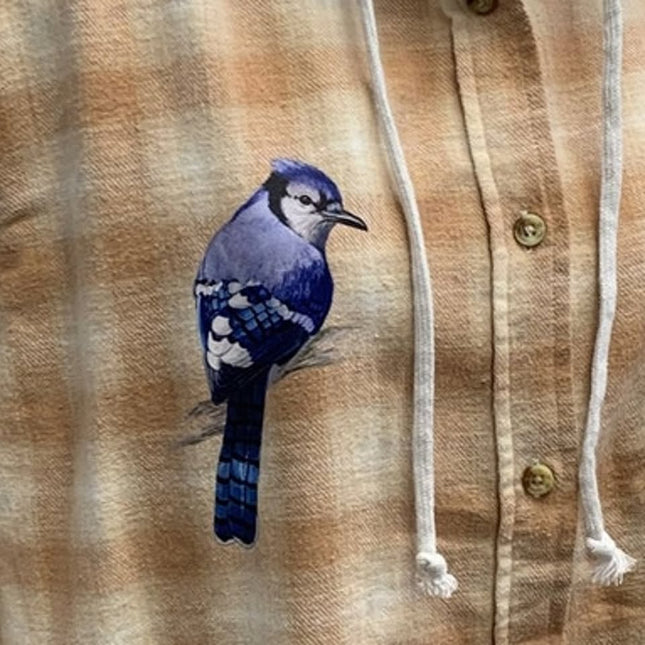 New Hand Printed Womens XXL Blue Jay Bird Plaid Flannel Long Sleeve Hoodie