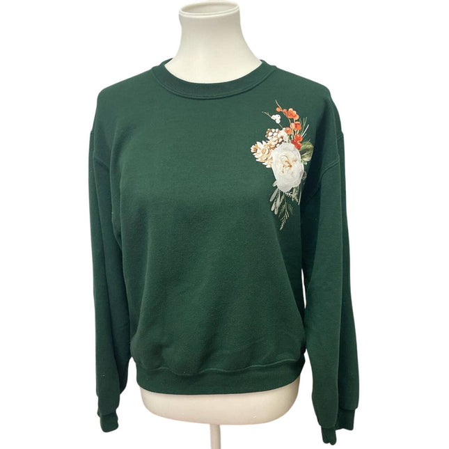 Hand Printed Upcycled Womens Small Christmas Rose Floral Pine Cone Sweatshirt