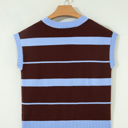 Sky Blue Stripe Striped Short Sleeve Round Neck Casual Knit Top