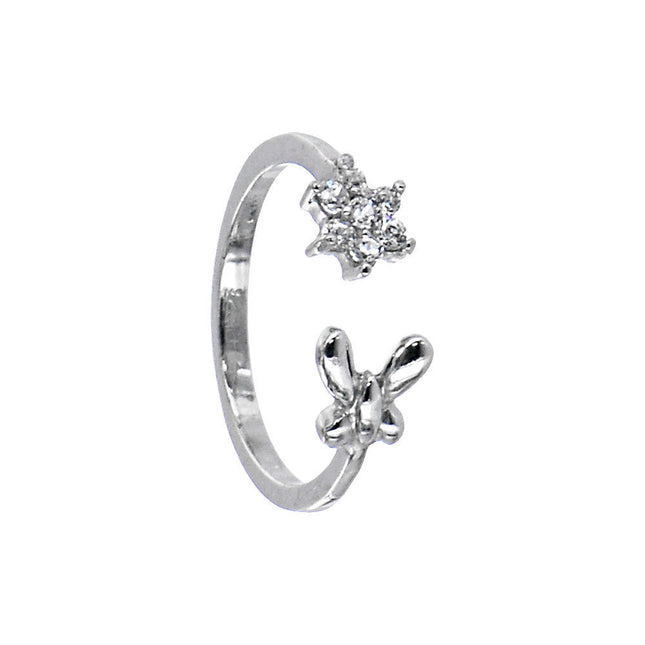Sterling Silver 925 Cubic Zirconia Flower Butterfly Toe Ring