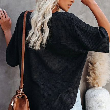 Blue Exposed Seam Drop Sleeve V Neck Waffle Textured Top