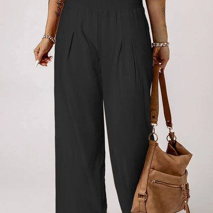White Smocked Wide Waistband High Waist Wide Leg Pants