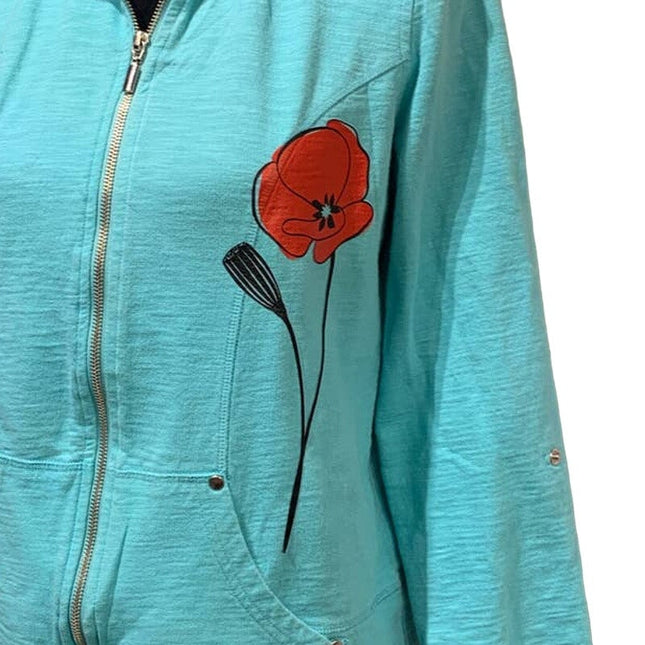 Hand Printed Upcycled Medium Red Poppy Flower 100% Cotton Full Zip Jacket