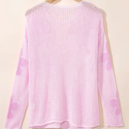 60s Flower Drop Shoulder Hollow Knit Top Light Grey -Femstylo