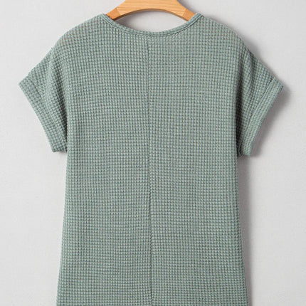 Mist Green Hollow Patchwork Waffle Knit Top