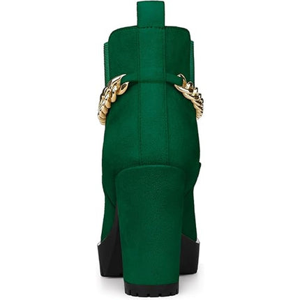 Allegra K Womens Size 7 Green 4" Heel Boots Round Toe Gold Ankle Chain Shoes