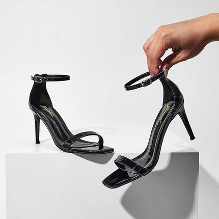 Genshuo Womens Size 9.5 Black 3.5" Heels Open Square Toe Ankle Strap Pumps Shoes