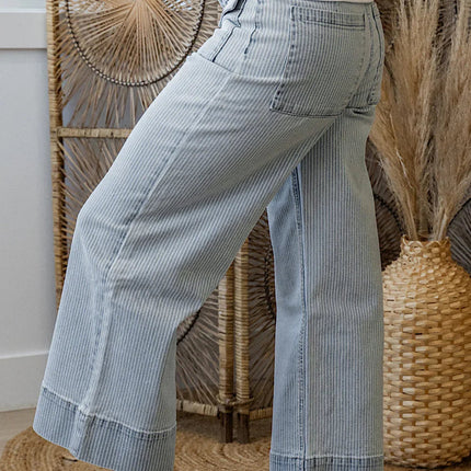 Sky Blue Striped Button Flap Pocket Cuffed Hem Wide Leg Jeans